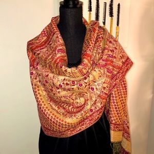 NWOT Pashmina scarf or wrap tan, pink and orange print, 55% Pashmina 45%silk